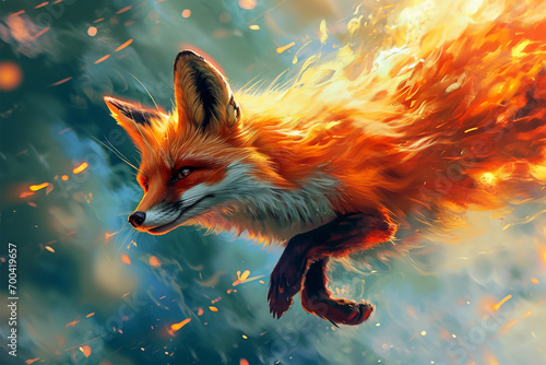 illustration of a flying super fox with fire powers