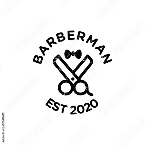 Barberman vintage logo, scissor illustration, pruning design, hairdressing sign.