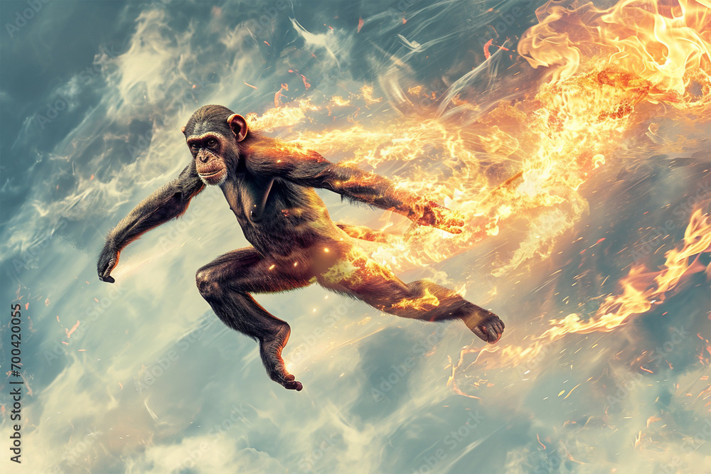 illustration of a flying super monkey with fire powers