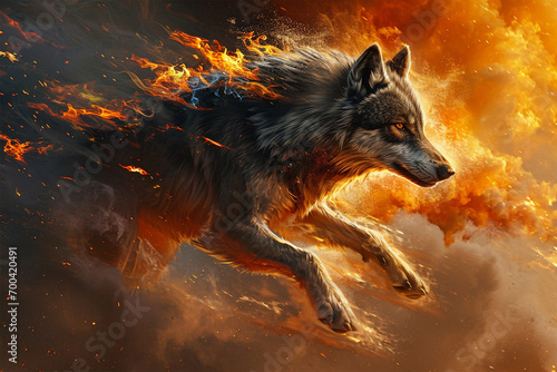 illustration of a flying super wolf with fire powers