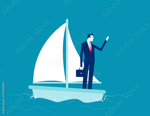 Courage and leader ship to success. Investors standing in paper boat on fluctuate market concept
