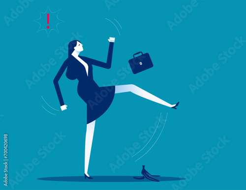 Business person slipping on a banana peel. Business vector concept