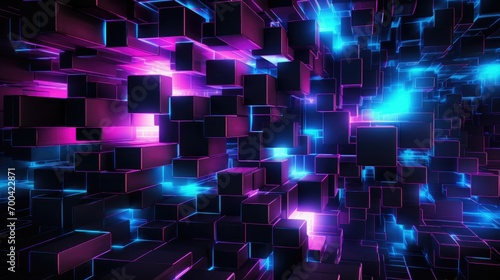 Blue pink black and neon abstract square pattern in cyber punk style