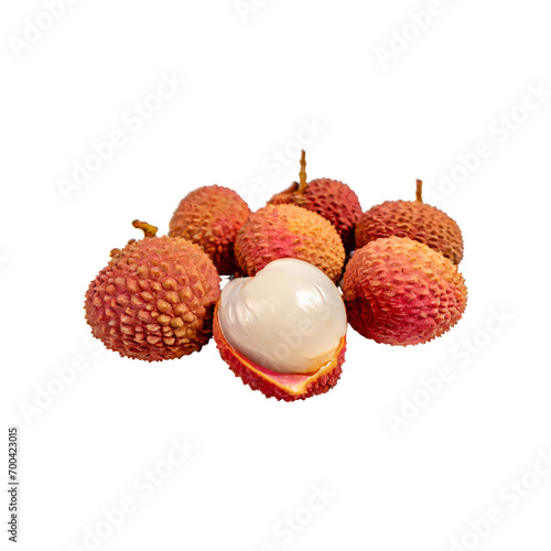 A lychee, with its red and rough skin and white and juicy flesh, with blank white isolated backkground