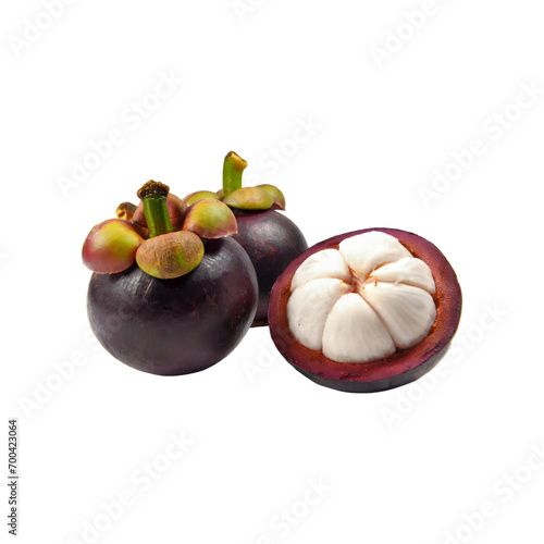 A mangosteen, with its purple and hard skin and white and soft segments, with isolated backgorund