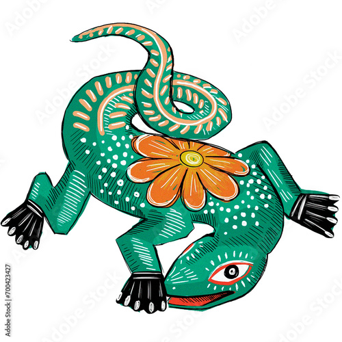 Photography Ilustración colorida de artesanía mexicana alebrije lagartija fondo transparente