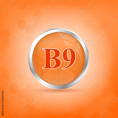 Vitamin B9 icon structure orange substance. Personal care, beauty concept. Medicine health symbol of thiamine. Drug business concept. 3D Vitamin complex with chemical formula. Vector Illustration.	
