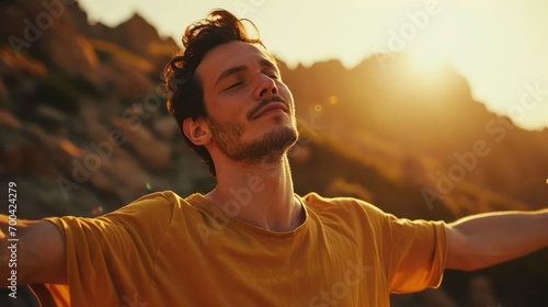 Middle-aged man with his arms open facing the sun, in an attitude of gratitude in a field of wild flowers. Overcoming phobias and accepting fears. photo