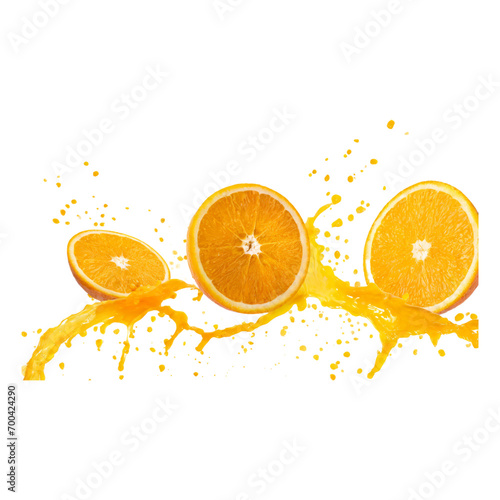 floating sliced orange and a orange splash of orange juice  with isolated background