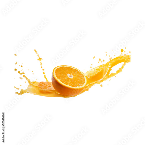 floating sliced orange and a orange splash of orange juice, with isolated background