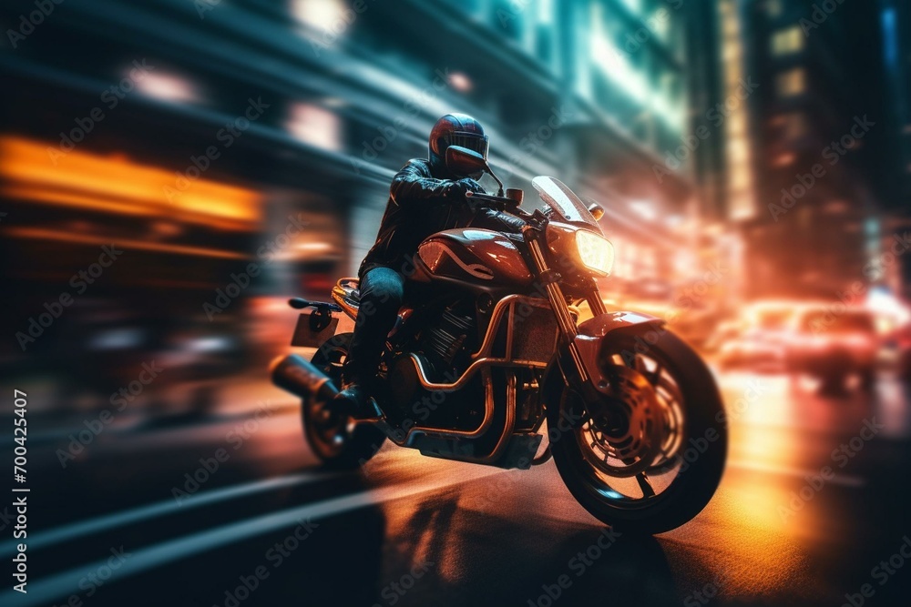 Blurred motion of high-speed biker with creative light trails. Generative AI
