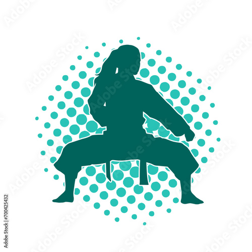 Silhouette of a woman in oriental martial art pose. Silhouette of a female in martial art move.