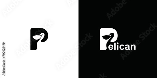 isolated pelican bird logo in letter P.design of initial P with combination of pelican bird