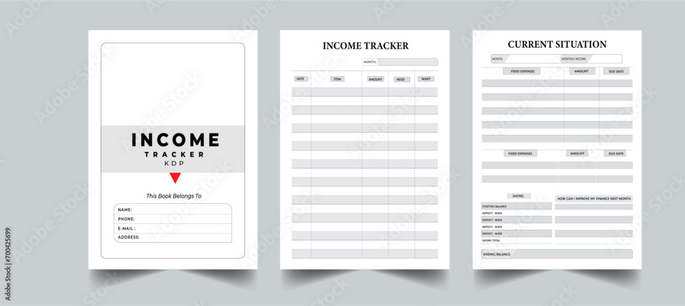 Income Tracker Printable Template with cover page layout design