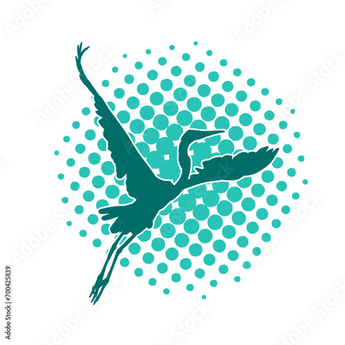 Silhouette of crane bird in elegant pose isolated on white background.