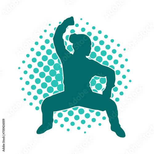 Silhouette of a woman in oriental martial art pose. Silhouette of a female in martial art move.