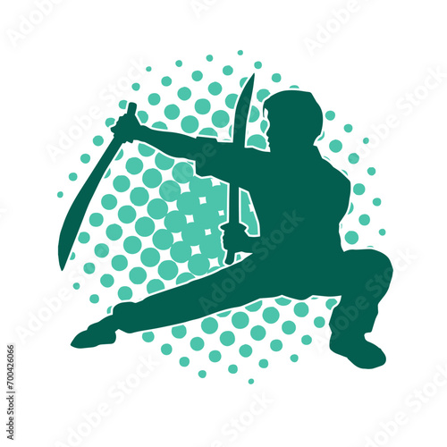 Silhouette of a male warrior in action pose with sword weapon. Silhouette of a man fighter carrying sword weapon.
