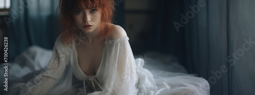 A dreamy redhead woman with pale skin and ethereal beauty sits softly lit on a bed. photo