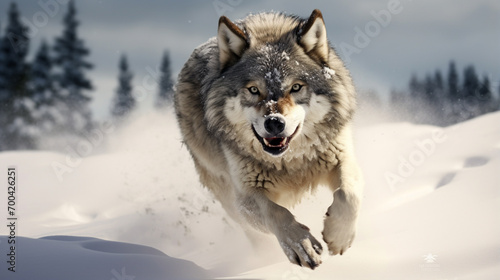 Wolf running in snow. AI Generative