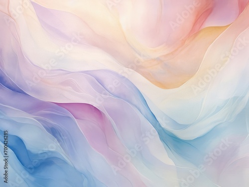 A close-up of a wave painting showcases soft, vibrant pastel colors and the ethereal flow of pink-colored silk.