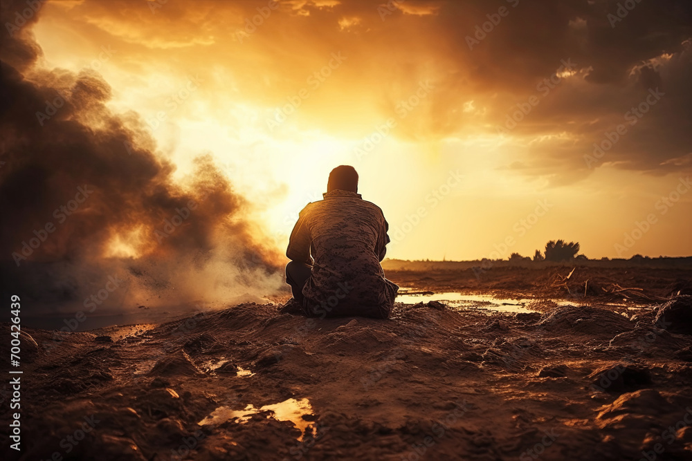 A weary soldier rests on a dusty mountaintop amidst a burning, apocalyptic battlefield after a hard mission.