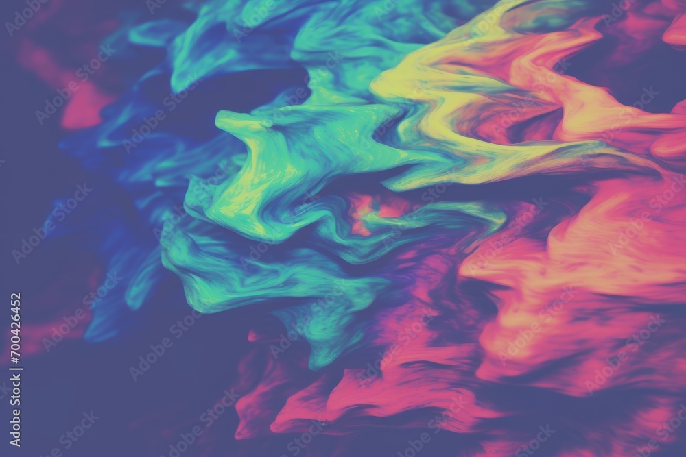 A close-up reveals a psychedelic background of iridescent smoke, creating a colorful haze of abstract, fluid colors.