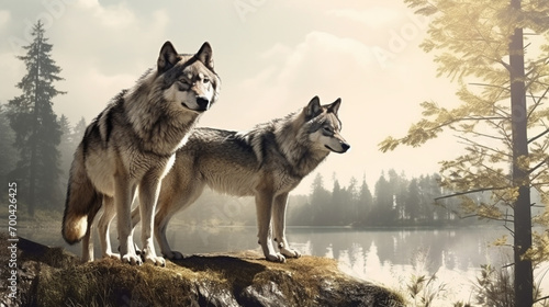 Wild wolfs in nature wilderness. Grey Wolf Animal. AI Generative © Witri