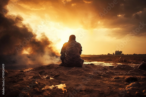 A weary soldier rests on a dusty mountaintop amidst a burning, apocalyptic battlefield after a hard mission.