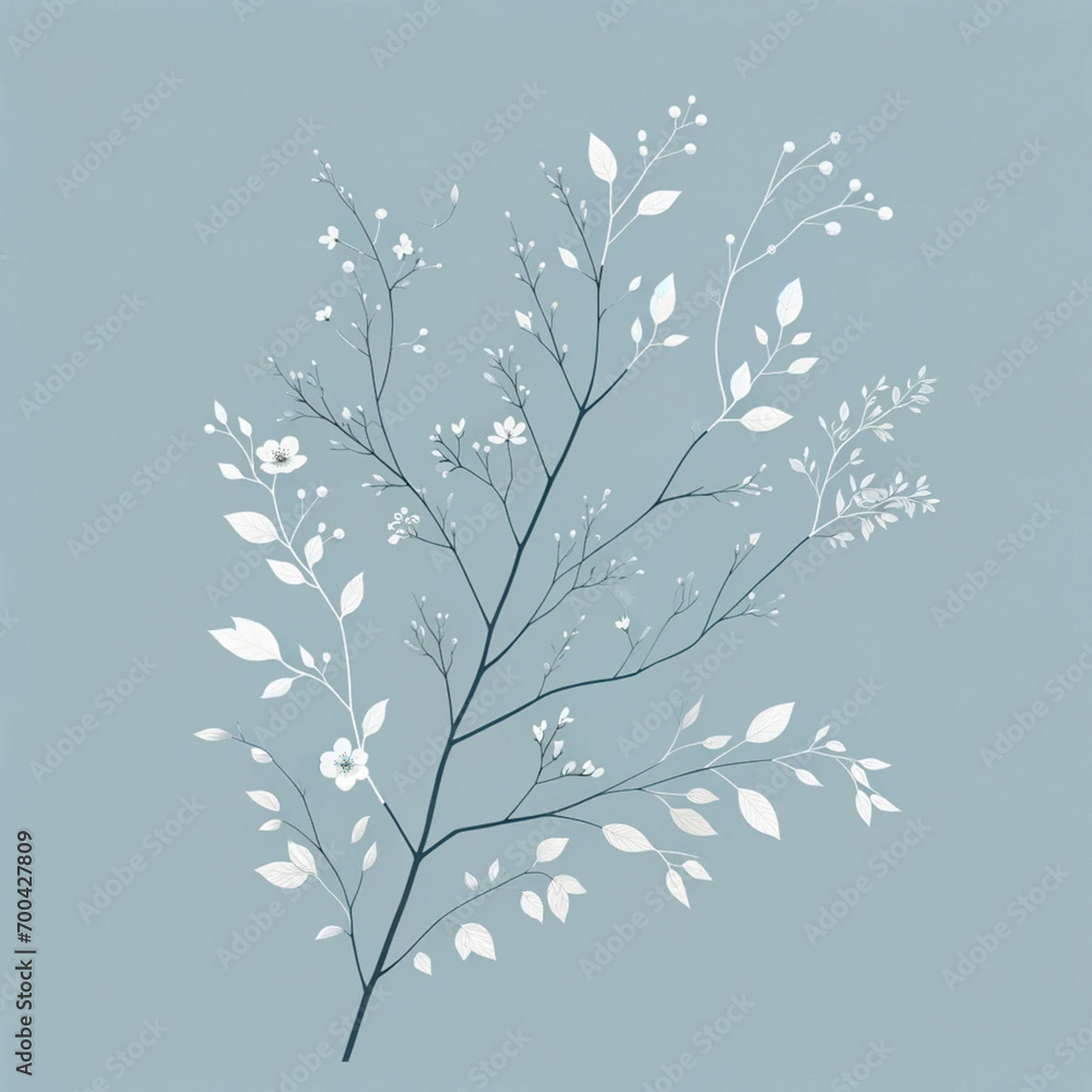 realistic image of tree branches with leaves and flowers, set against a solid color background