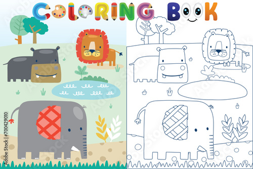 Vector coloring book with funny animals cartoon in forest