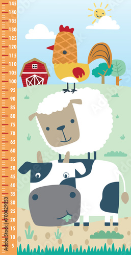 Vector illustration of height measurement wall with funny farm animals cartoon