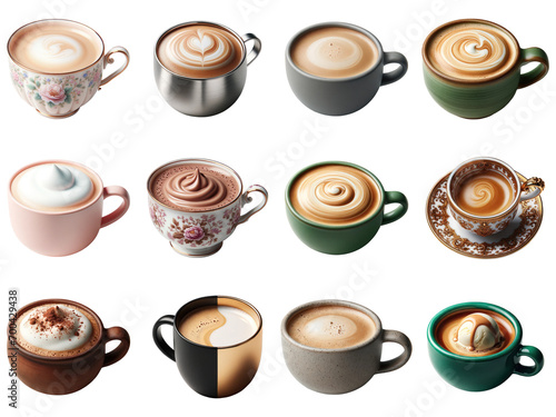 Exquisite Assortment of Coffee Cups with Artistic Latte Art on Clear Background PNG