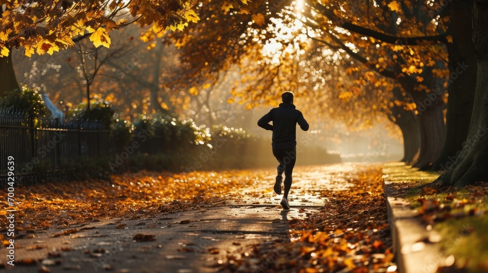 man jogging in the park with sunlight and shadows. Sport concept man jogging in the park with sunlight and shadows. Sport concept