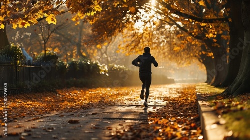 man jogging in the park with sunlight and shadows. Sport concept