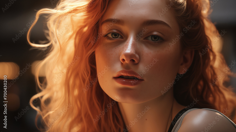 Fototapeta premium Glow of Sunset: Radiant Young Woman in Golden Hour 