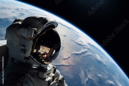 Astronaut gazes at planet from space. Generative AI