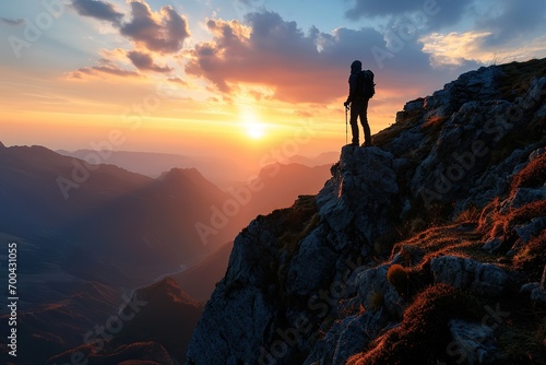 hiker at the summit of a mountain overlooking a stunning view © Intelligence Studio