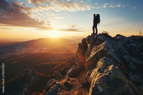 hiker at the summit of a mountain overlooking a stunning view photo