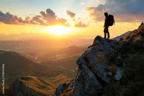 hiker at the summit of a mountain overlooking a stunning view