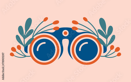 Cute illustrations with binoculars with plants, berries. Summer Adventures. Cartoon summertime clip art. Watching for flying birds. For sticker, banner, card.