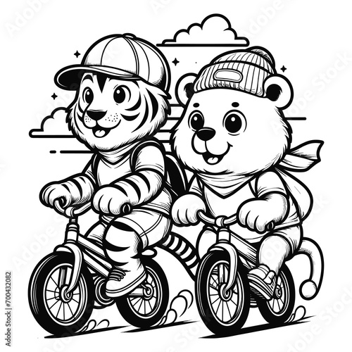 Coloring page outline of  tiger and bear riding a bike.
