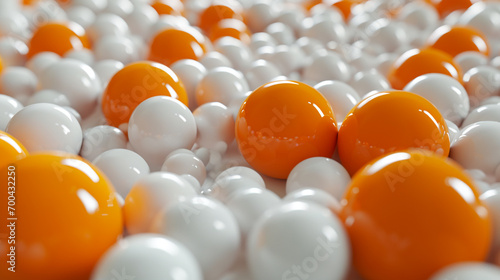 A grouping of orange ping pong balls positioned amidst a collection of white ones, all against a white background.