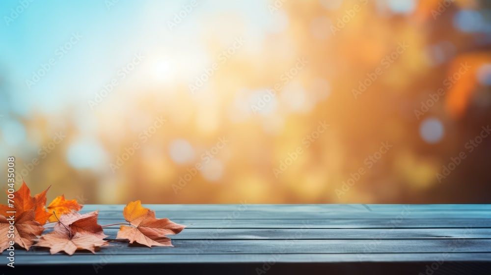 Empty wooden table with autumn leaves on bokeh sky background