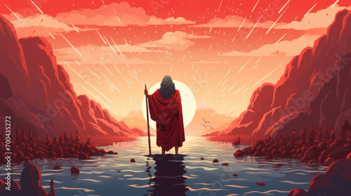 Moses holds out his staff and God parts the waters of the Yam Suph (Red sea). Religion concept photo