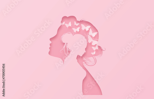 Woman’s Head with Butterflies — Feminine Pink Silhouette Art