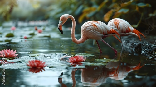 Flamingo birds hunting a fish at a pond