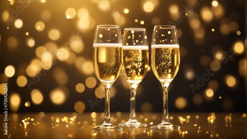 "Celebrating Elegance: Champagne for Festive Cheers Amidst a Golden Sparkling Bokeh Background. Glasses of Sparkling Wine Shine Against Tender Bright Gold Bokeh, Crafting a Horizontal Backdrop Perfect