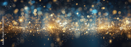 Abstract background with Dark navy blue and gold light dust particle. Christmas Golden light shine particles bokeh on navy blue background. Christmas, award festive concept © ribelco