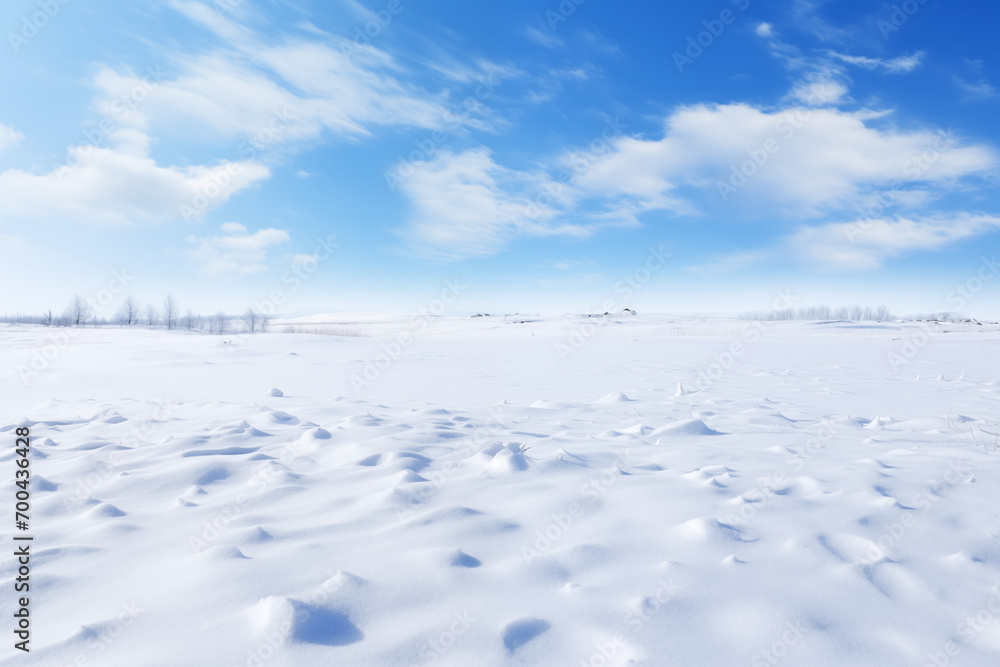 Winter background picture of blue sky, white clouds and blank snow