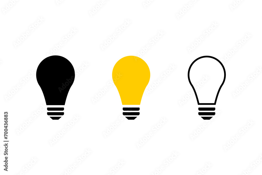 Lightbulb icon on light background. Idea symbol. Electric lamp, light, innovation, solution, creative thinking, electricity. Outline, flat and colored style. Flat design Lightbulb icon on light background. Idea symbol. Electric lamp, light, innovation, solution, creative thinking, electricity. Outline, flat and colored style. Flat design